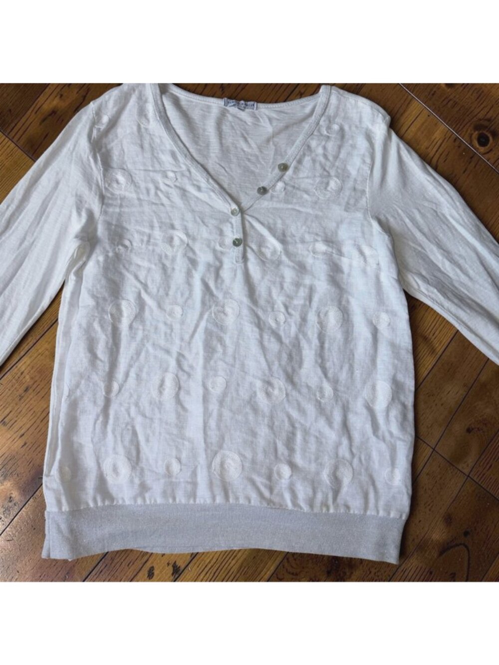 Tempo Paris White Linen Blend Embroidered Dot Top Small V-neck Minimalist Shirt - Picture 3 of 5